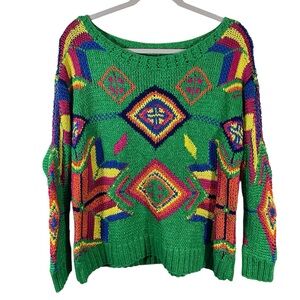 Vtg Ralph Lauren Blue Label Handknit Aztec Print Green Rainbow Sweater Size M